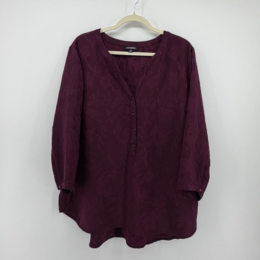 Roz & Ali Size 2X Plum Purple Tunic Blouse Floral Jacquard 3/4 Sleeve Split Neck